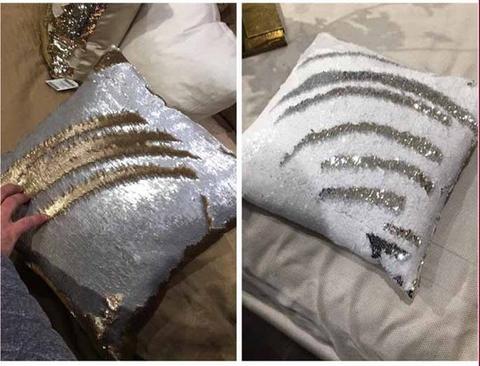 White and gold sequins mermaid pillows with lines across