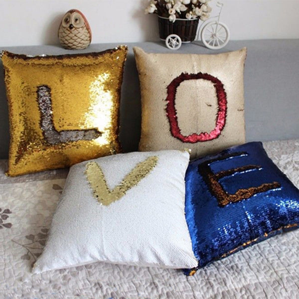 sequins mermaid pillow spelling out LOVE