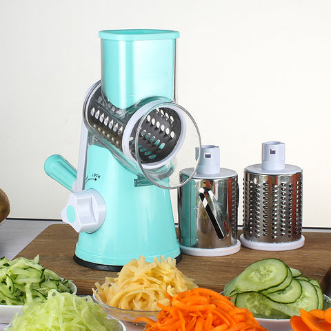 Blue Multi-Function Vegetable Slicer & Cutter with cutting barrels 