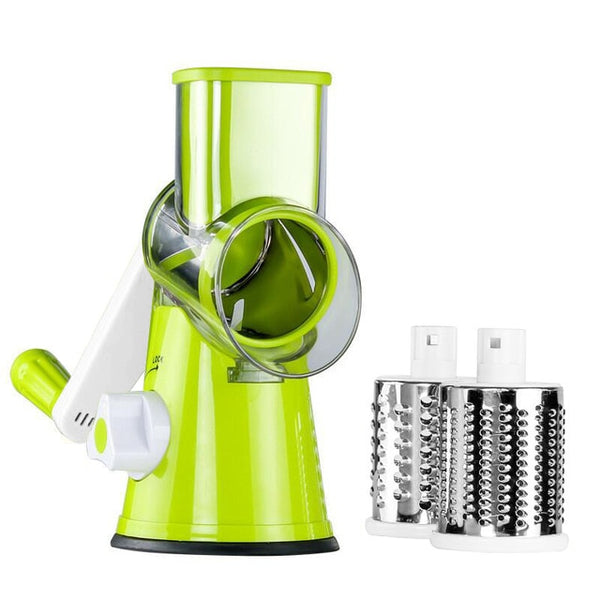 Green Multi-Function Vegetable Slicer & Cutter with cutting barrels 