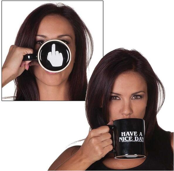 Woman Drinking off a Have a Nice Day Novelty Middle Finger Coffee Mug
