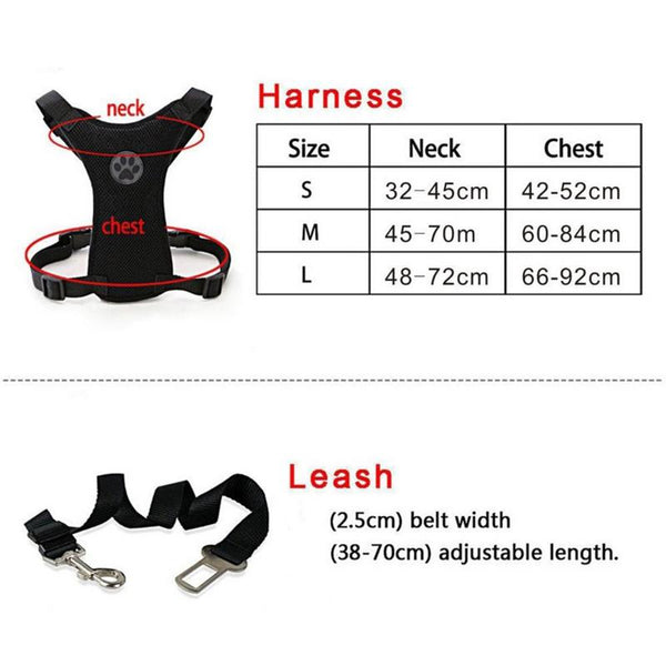 Blak Car Seat Belt leash and Breathable Mesh Harness size charts
